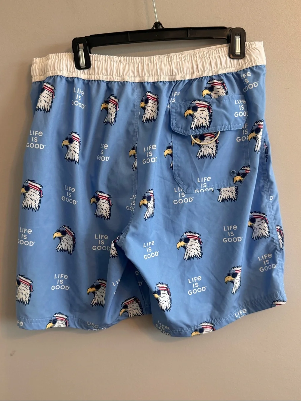 Life Is Good Swim Trunks Medium Eagle Graphic Blue Red White Board Shorts